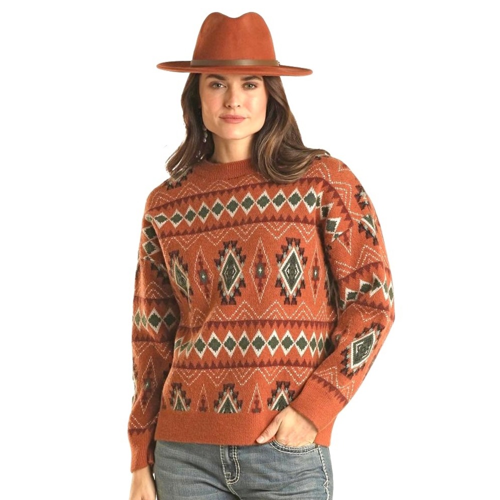 Panhandle Aztec print‎ Sweater size M brick rust orange boho western tribal